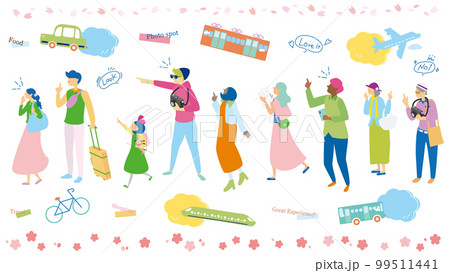 春の観光を楽しむ多種多様な老若男女の人々と乗り物のセット(フラット) 春の観光を楽しむ多種多様な老若男女の人々と乗り物のセット(フラット) 99511441
