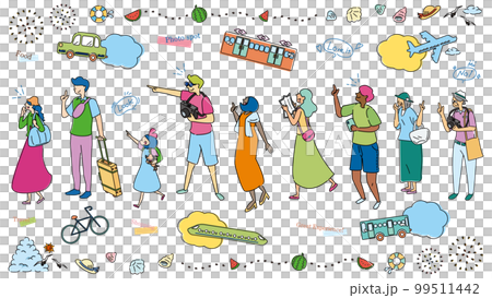 夏の観光を楽しむ多種多様な老若男女の人々と乗り物のセット(線画) 夏の観光を楽しむ多種多様な老若男女の人々と乗り物のセット(線画) 99511442