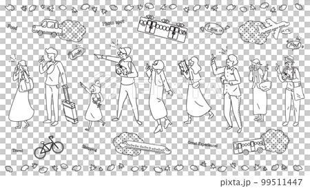 A wide variety of men and women of all ages who enjoy sightseeing in autumn and a set of vehicles (line drawing black and white) 99511447