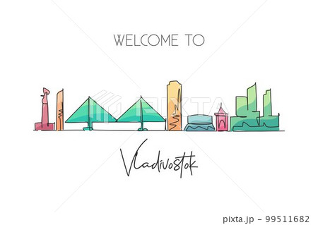 One single line drawing of Vladivostok city skyline, Russia. World town landscape postcard. Best place holiday destination. Editable stroke trendy continuous line draw design art vector illustration 99511682