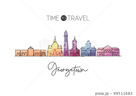 One continuous line drawing of Georgetown city skyline, Guyana. Beautiful landmark home wall decor poster. World landscape tourism travel vacation. Stylish single line draw design vector illustration One continuous line drawing of Georgetown city skyline, Guyana. Beautiful landmark home wall decor poster. World landscape tourism travel vacation. Stylish single line draw design vector illustration 99511683