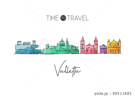 Single continuous line drawing Valletta skyline, Malta. Famous city scraper landscape. World travel destination concept home decor wall poster print. Modern one line draw design vector illustration 99511685