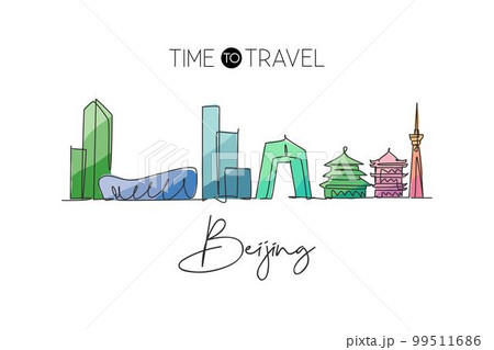 Single continuous line drawing of Beijing city skyline, China. Famous city scraper and landscape. World travel concept home decor wall art poster print. Modern one line draw design vector illustration 99511686