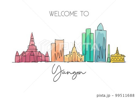 One single line drawing of Yangon city skyline, Myanmar. Historical town landscape in the world. Best holiday destination poster. Editable stroke trendy continuous line draw design vector illustration 99511688