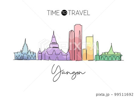 Single continuous line drawing of Yangon city skyline, Myanmar. Famous city scraper landscape. World travel concept home art decor wall print poster. Modern one line draw design vector illustration Single continuous line drawing of Yangon city skyline, Myanmar. Famous city scraper landscape. World travel concept home art decor wall print poster. Modern one line draw design vector illustration 99511692