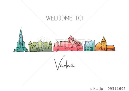 Single continuous line drawing Vaduz skyline, Liechtenstein. Famous city scraper landscape home decor poster print. World travel destination concept. Modern one line draw design vector illustration 99511695