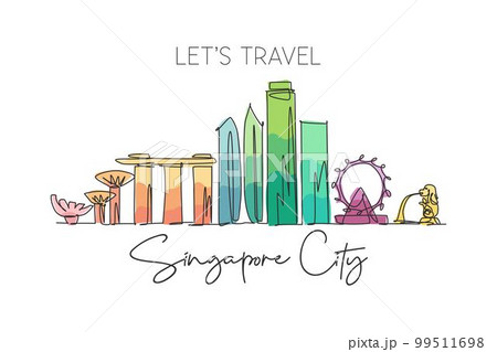 One single line drawing of Singapore city skyline. Historical town landscape in the world. Best holiday destination poster art. Editable stroke trendy continuous line draw design vector illustration One single line drawing of Singapore city skyline. Historical town landscape in the world. Best holiday destination poster art. Editable stroke trendy continuous line draw design vector illustration 99511698