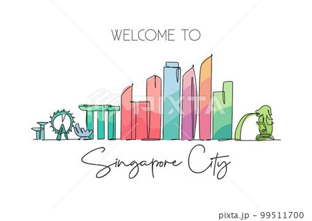 Single continuous line drawing of Singapore city skyline. Famous city scraper and landscape. World travel concept home decor wall print poster art. Modern one line draw design vector illustration Single continuous line drawing of Singapore city skyline. Famous city scraper and landscape. World travel concept home decor wall print poster art. Modern one line draw design vector illustration 99511700