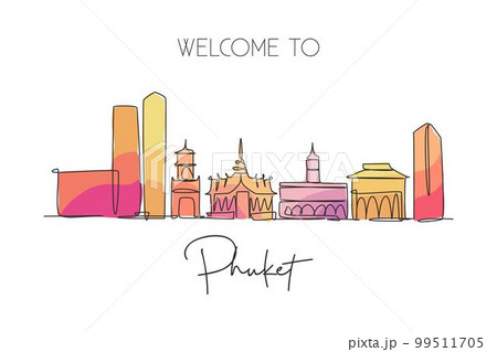 One continuous line drawing of Phuket city skyline, Thailand. Beautiful landmark. World landscape tourism travel vacation poster. Editable stylish stroke single line draw design vector illustration 99511705