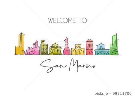 One continuous line drawing San Marino city skyline San Marino. Beautiful landmark wall decor poster print. World landscape tourism travel vacation. Stylish single line draw design vector illustration 99511706