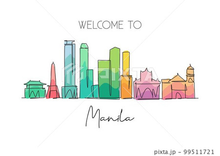 One single line drawing of Manila city skyline, Philippines. Historical town landscape in the world. Best holiday destination. Editable stroke trendy continuous line draw design vector illustration One single line drawing of Manila city skyline, Philippines. Historical town landscape in the world. Best holiday destination. Editable stroke trendy continuous line draw design vector illustration 99511721