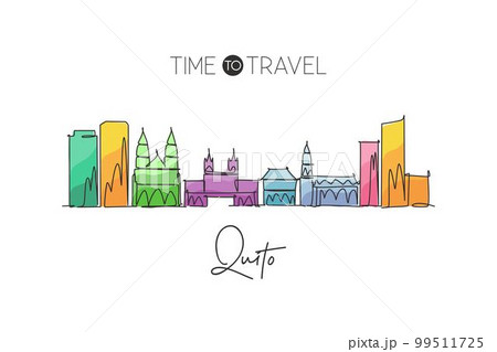 Single continuous line drawing of Quito city skyline, Ecuador. Famous city scraper and landscape. World travel destination concept. Editable stroke modern one line draw art design vector illustration 99511725