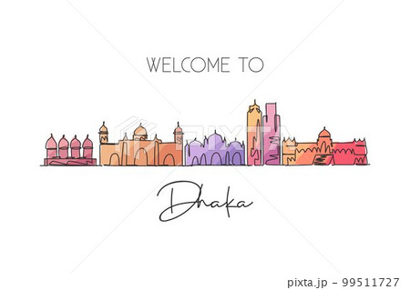 One continuous line drawing Dhaka city skyline Bangladesh. Beautiful landmark postcard. World landscape tourism and travel vacation. Editable stylish stroke single line draw design vector illustration 99511727