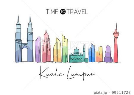 Single continuous line drawing of Kuala Lumpur city skyline, Malaysia. Famous city landscape. World travel concept home wall decor art poster print. Modern one line draw design vector illustration 99511728