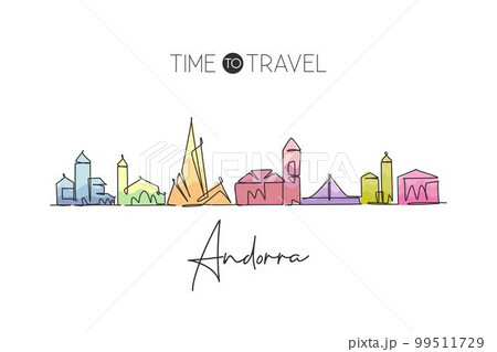 One continuous line drawing of Andorra la Vella city skyline. Beautiful landmark postcard. World landscape tourism travel vacation. Editable stylish stroke single line draw design vector illustration 99511729