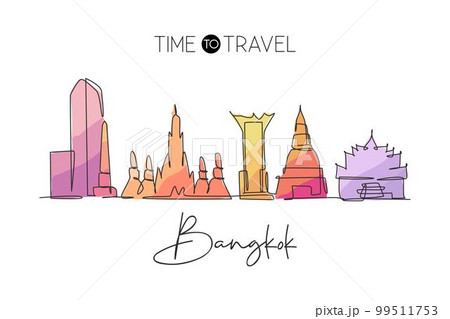 One single line drawing of Bangkok city skyline, Thailand. Historical town landscape. Best holiday destination home decor wall art poster print. Trendy continuous line draw design vector illustration 99511753