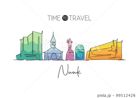 One single line drawing of Nuuk city skyline, Greenland. World town landscape home wall decor poster print art. Best place holiday destination. Trendy continuous line draw design vector illustration 99512426