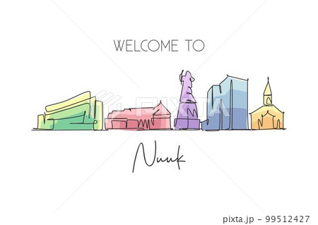 Single continuous line drawing Nuuk city skyline, Greenland. Famous city scraper landscape postcard. World travel destination concept. Editable stroke modern one line draw design vector illustration 99512427