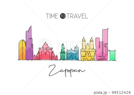 One single line drawing Zapopan city skyline Mexico. World historical town landscape. Best place holiday destination home decor poster print art. Trendy continuous line draw design vector illustration 99512429