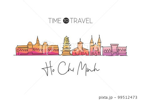 One single line drawing Ho Chi Minh city skyline, Vietnam. World town landscape home decor wall art poster print. Best place holiday destination. Trendy continuous line draw design vector illustration 99512473