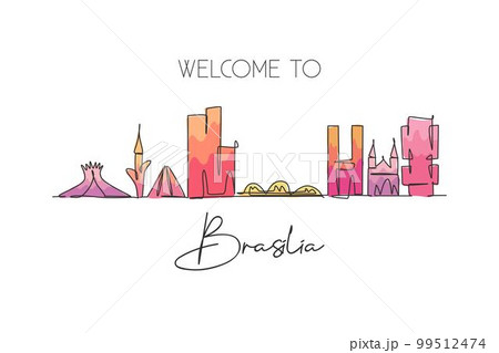 One continuous line drawing of Brasilia city skyline, Brazil. Beautiful landmark. World landscape tourism travel vacation postcard. Editable stylish stroke single line draw design vector illustration 99512474