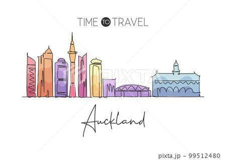 One single line drawing of Auckland city skyline, New Zealand. World historical town landscape. Best place holiday destination home decor poster. Trendy continuous line draw design vector illustration 99512480