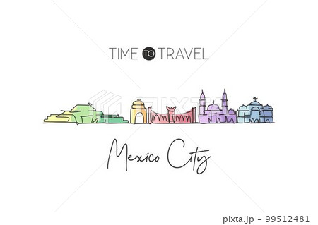 One single line drawing of Mexico city skyline, Mexico. World historical town landscape. Best place holiday destination home decor poster print. Trendy continuous line draw design vector illustration One single line drawing of Mexico city skyline, Mexico. World historical town landscape. Best place holiday destination home decor poster print. Trendy continuous line draw design vector illustration 99512481