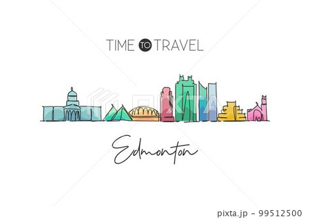 One continuous line drawing of Edmonton city skyline, Canada. Beautiful landmark wall decor poster print. World landscape tourism travel vacation. Stylish single line draw design vector illustration One continuous line drawing of Edmonton city skyline, Canada. Beautiful landmark wall decor poster print. World landscape tourism travel vacation. Stylish single line draw design vector illustration 99512500
