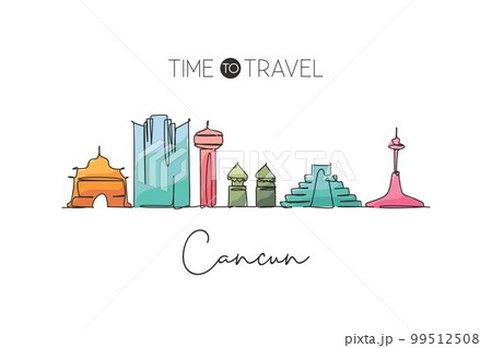 Single continuous line drawing of Cancun skyline, Mexico. Famous city scraper landscape. World travel destination home wall decor poster print concept. Modern one line draw design vector illustration 99512508