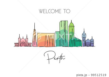 One single line drawing of Perth city skyline, Australia. Historical town landscape. Best holiday destination home decor wall art poster print. Trendy continuous line draw design vector illustration 99512519