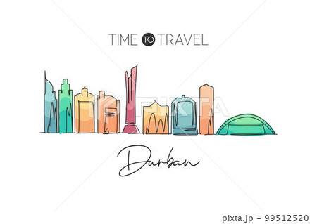 One continuous line drawing of Durban city skyline, South Africa. Beautiful landmark postcard print. World landscape tourism travel vacation. Stylish stroke single line draw design vector illustration 99512520