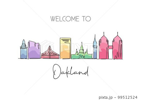 One continuous line drawing of Oakland city skyline, California. Beautiful landmark. World landscape tourism travel vacation poster. Editable stylish stroke single line draw design vector illustration 99512524