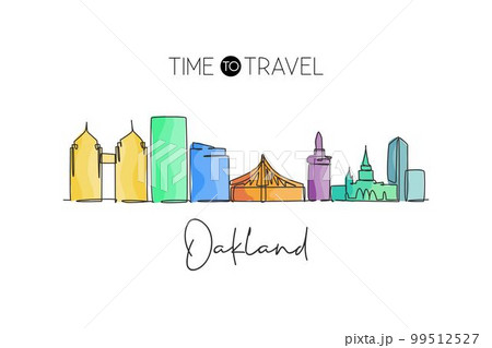 Single continuous line drawing of Oakland city skyline California. Famous city scraper landscape. World travel concept wall decor home art poster print. Modern one line draw design vector illustration 99512527