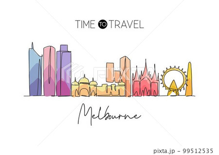 Single continuous line drawing of Melbourne city skyline, Australia. Famous city landscape. World travel concept home wall decor art poster print. Modern one line draw design vector illustration Single continuous line drawing of Melbourne city skyline, Australia. Famous city landscape. World travel concept home wall decor art poster print. Modern one line draw design vector illustration 99512535