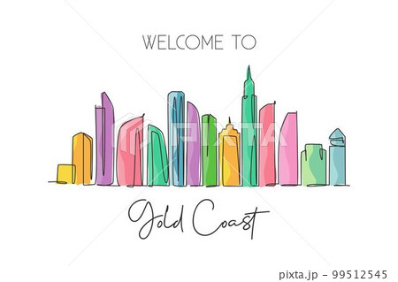 Single continuous line drawing of Gold Coast city skyline, Australia. Famous city landscape. World travel concept wall home decor art poster print. Modern one line draw design vector illustration 99512545