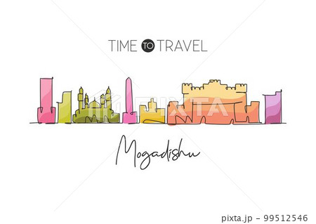 Single continuous line drawing of Mogadishu city skyline, Somalia. Famous city scraper and landscape wall decor poster print art. World travel concept. Modern one line draw design vector illustration 99512546