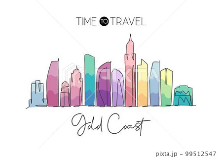 One single line drawing Gold Coast city skyline, Australia. Historical town landscape in world. Best holiday destination poster. Editable stroke trendy continuous line draw design vector illustration 99512547