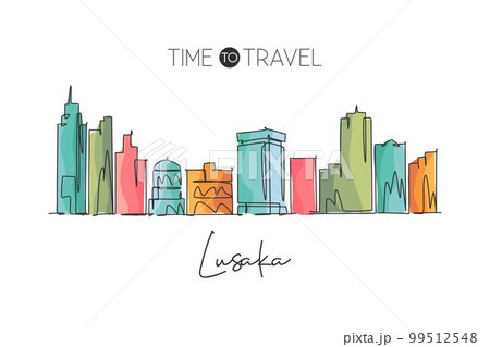 One continuous line drawing of Lusaka skyline, Zambia. Beautiful city landmark. World landscape tourism and travel postcard print. Editable stylish stroke single line draw design vector illustration 99512548