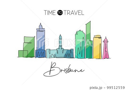 One continuous line drawing of Brisbane city skyline, Australia. Beautiful landmark. World landscape tourism travel vacation poster. Editable stylish stroke single line draw design vector illustration One continuous line drawing of Brisbane city skyline, Australia. Beautiful landmark. World landscape tourism travel vacation poster. Editable stylish stroke single line draw design vector illustration 99512559
