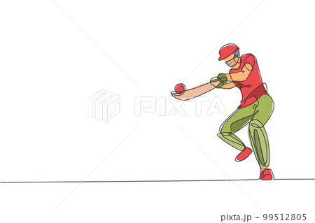 One continuous line drawing of young happy man cricket player focus to hit the ball hard vector illustration. Competitive sport concept. Dynamic single line draw design for sport advertisement poster 99512805