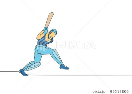 One single line drawing young energetic man cricket player hit the ball to make home run graphic vector illustration. Sport concept. Modern continuous line draw design for cricket competition banner 99512806