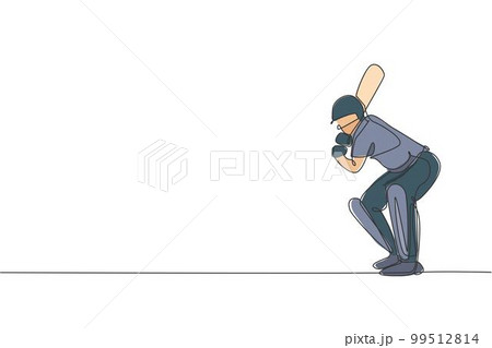 One continuous line drawing of young man cricket player stance standing to receive the ball from pitcher vector illustration. Sport concept. Dynamic single line draw design for advertisement poster 99512814