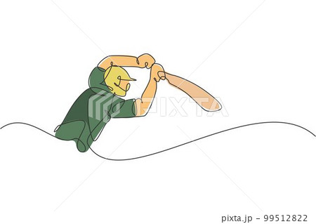 One single line drawing of young energetic man cricket player stance to hit the ball vector illustration. Competitive sport concept. Modern continuous line draw design for cricket competition banner One single line drawing of young energetic man cricket player stance to hit the ball vector illustration. Competitive sport concept. Modern continuous line draw design for cricket competition banner 99512822