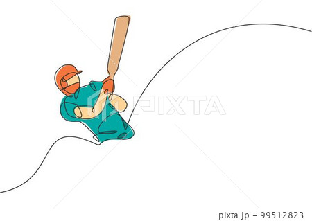 One continuous line drawing of young happy man cricket player focus to train cricket bat swing vector illustration. Competitive sport concept. Dynamic single line draw design for advertisement poster 99512823