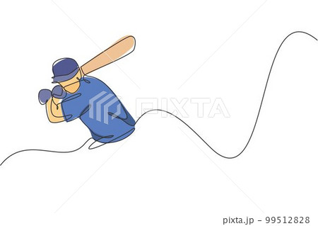 One single line drawing of young energetic man baseball player