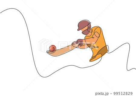Single continuous line drawing young agile indian man cricket player hit the ball precisely vector graphic illustration. Sport exercise concept. Trendy one line draw design for cricket promotion media 99512829