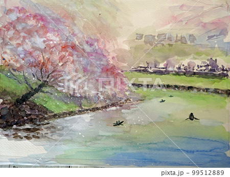水彩画原画 江ノ電と桜 22 ＃288 絵画 syoumei 通販 15357065