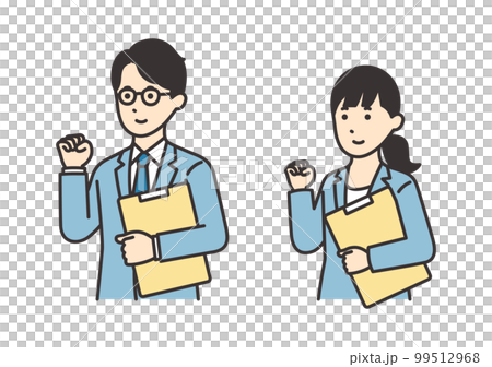 資料を持ってガッツポーズをする女性と男性のイラスト素材セット 99512968