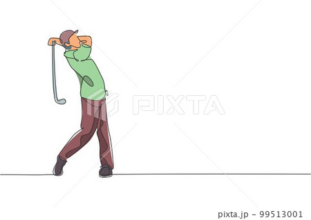 Single continuous line drawing of young happy golf player swing the golf club to hit the ball. Hobby sport concept. Trendy one line draw design vector illustration for golf tournament promotion media Single continuous line drawing of young happy golf player swing the golf club to hit the ball. Hobby sport concept. Trendy one line draw design vector illustration for golf tournament promotion media 99513001