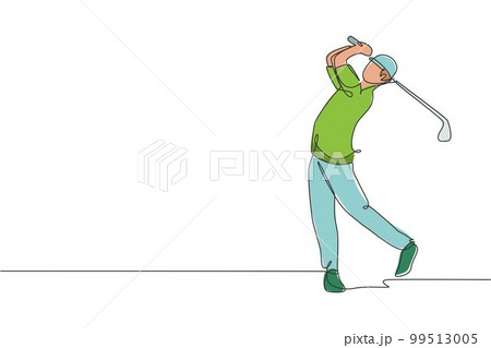 One single line drawing of young sporty golf player hit the ball using golf club graphic vector illustration. Healthy sport concept. Modern continuous line draw design for golf tournament poster 99513005